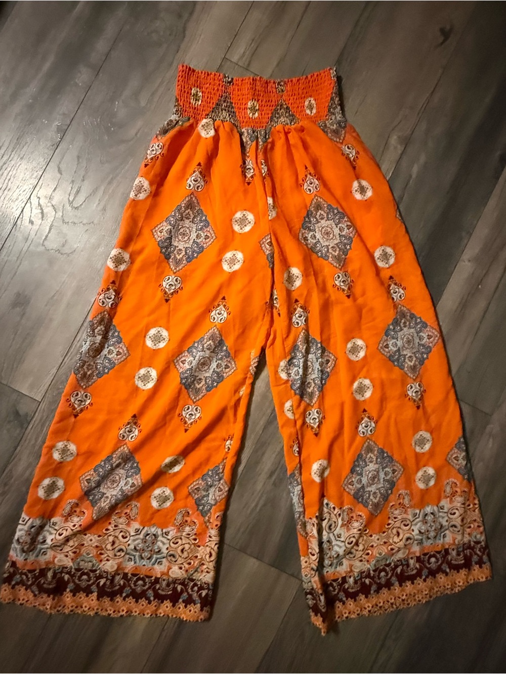 Orange Wide-Leg Printed Smocked-Waist Pants